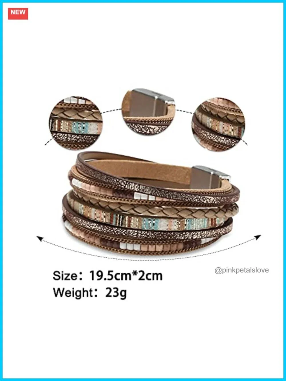 Leather Wrap Bracelet with Beads, Cuff, Magnetic Clasp, Bohemian Style - Picture 4 of 6